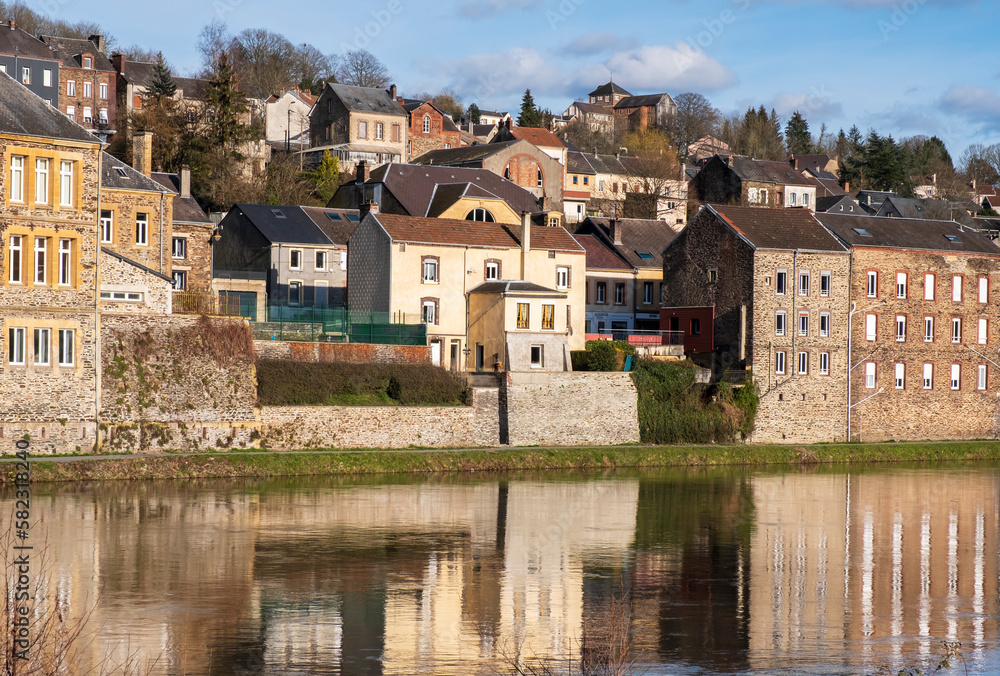 The pretty village of Monthermé along the river Meuse in Ardennes France by a sunny day.