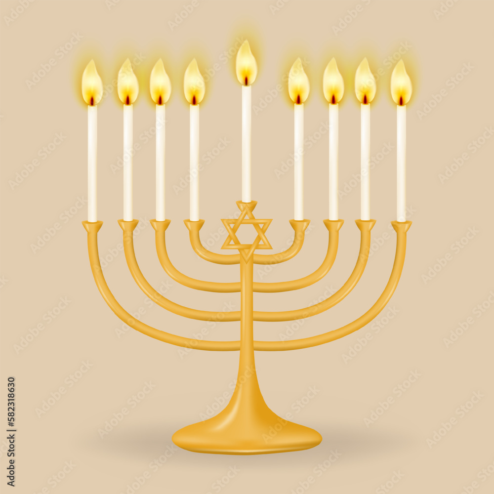 Gold Hanukkiah for nine candles on a beige background. Hanukkah candlestick in the form of a menorah with nine branches. Perfect for your holiday designs. Vector illustration. Gold Hanukkiah for nine candles on a beige background. Hanukkah candlestick in the form of a menorah with nine branches. Perfect for your holiday designs. Vector illustration.