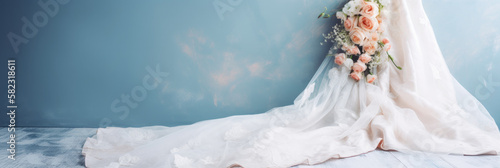Valokuvatapetti Banner of a wedding dress and bridal flowers bouquet, marriage gown, generative