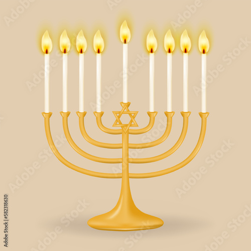 Gold Hanukkiah for nine candles on a beige background. Hanukkah candlestick in the form of a menorah with nine branches. Perfect for your holiday designs. Vector illustration.