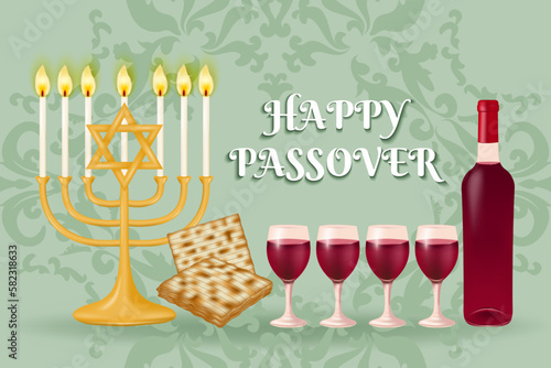 Celebrate the festival of Passover with this beautiful background featuring the Menorah, matzo, red wine set against a patterned design. Vector illustration.