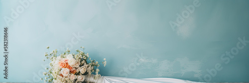 Banner of a wedding dress and bridal flowers bouquet, marriage gown, generative ai illustration on soft blue background with copy space