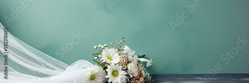 Banner of a wedding dress and bridal flowers bouquet, marriage gown, generative ai illustration on soft green background with copy space