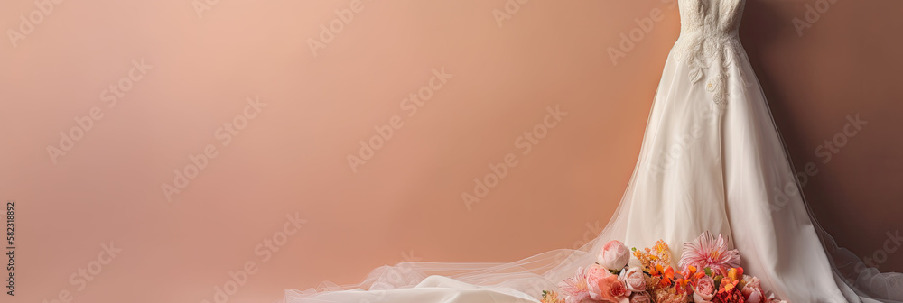 Banner of a wedding dress and bridal flowers bouquet, marriage gown, generative ai illustration on neutral soft pink and orange background with copy space