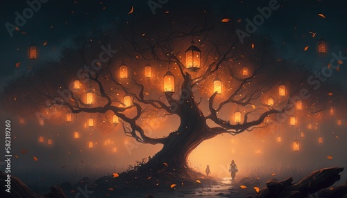 Lanterns ganging on tree