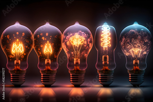 row of glowing lightbulbs, photo of brainstorming and idea finding - generative ai