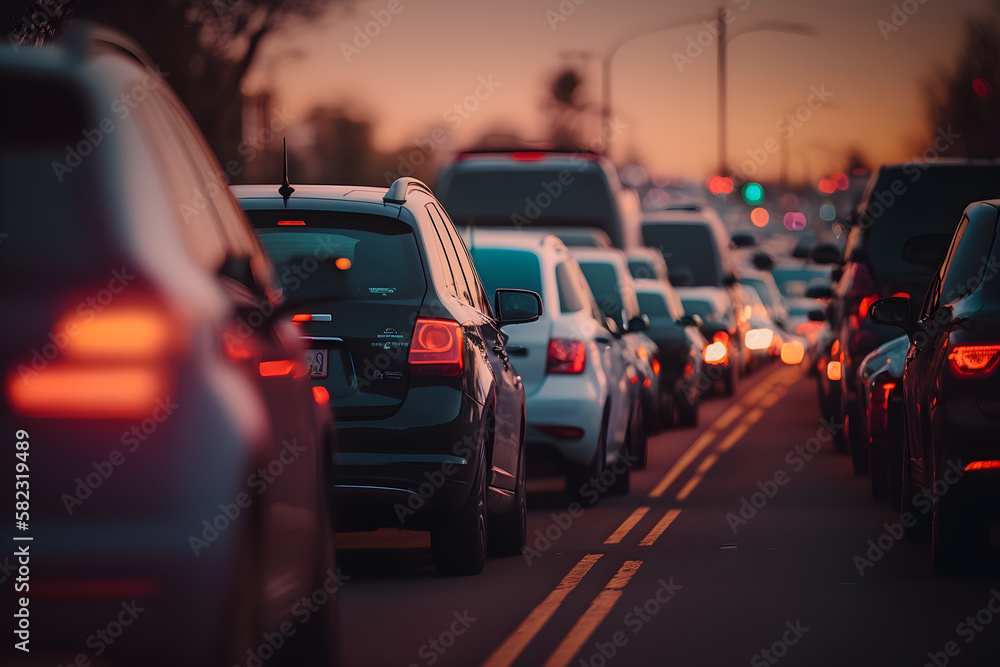 Cars are stuck in a traffic jam in a big city, blurred background - generative ai Cars are stuck in a traffic jam in a big city, blurred background - generative ai
