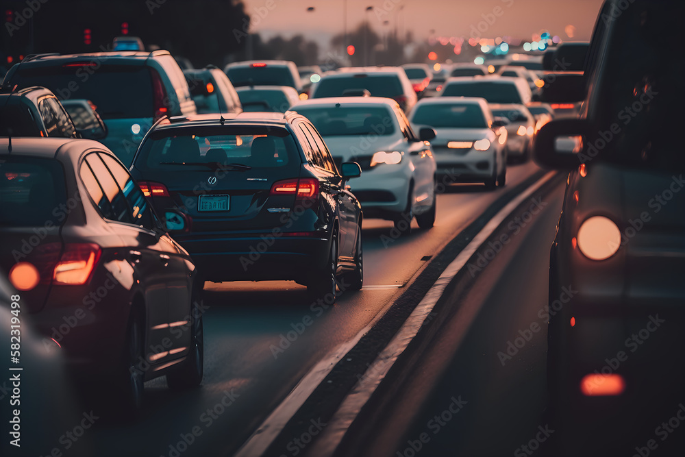 Fototapeta premium Cars are stuck in a traffic jam in a big city, blurred background - generative ai