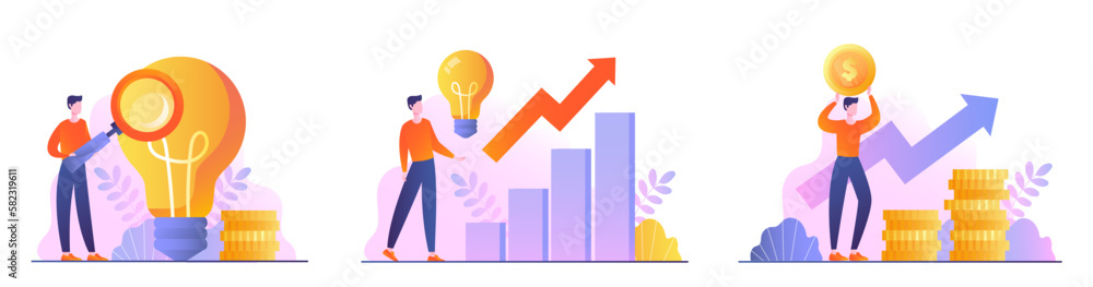 Business strategy set. Collection of scenes with planning and working on business project. Financial literacy and passive income. Cartoon flat vector illustrations isolataed on white background Business strategy set. Collection of scenes with planning and working on business project. Financial literacy and passive income. Cartoon flat vector illustrations isolataed on white background
