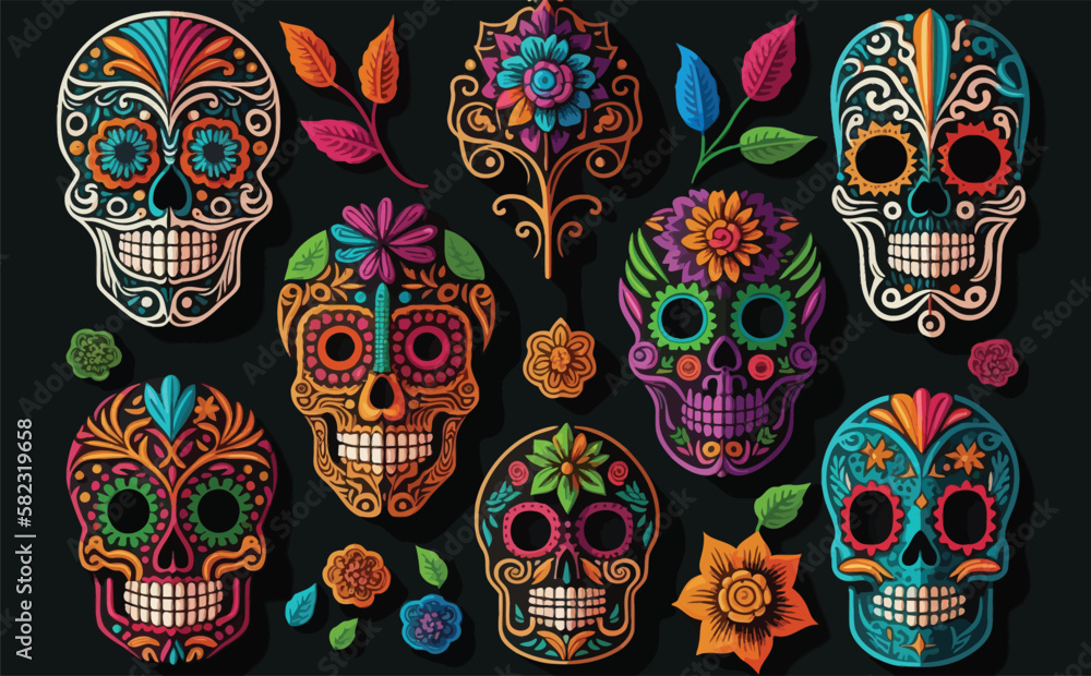 colorful skull cute pattern, Mexican day of the dead colorful skull cute pattern, Mexican day of the dead