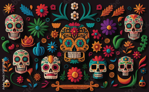 colorful skull cute pattern, Mexican day of the dead