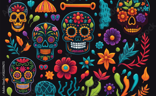 Day of the dead, banner with colorful Mexican flowers. Fiesta, holiday poster, party flyer, funny greeting card