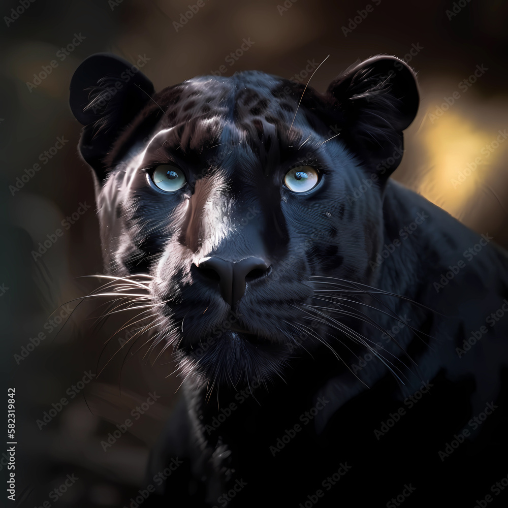 Beautiful black panther's face with striking look from his eyes, close-up portrait. AI generative wildcat, large feline with black shiny fur