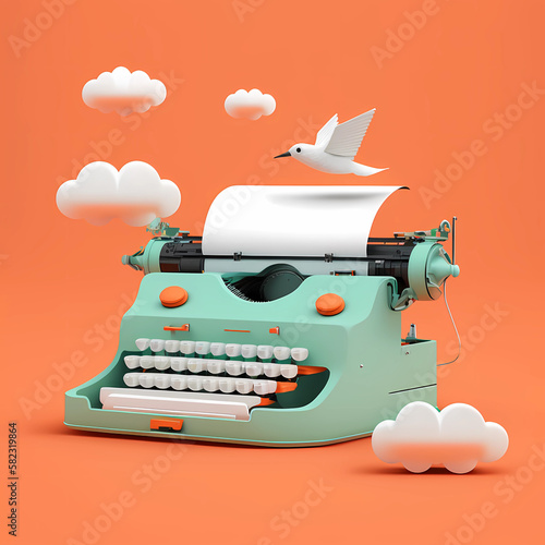 Retro 3d typewriter with blank paper on orange background with clouds and bird. AI generative concept for writing, copywriting, creating content, blog posts, ads, promo materials, storytelling