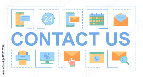 Contact us banner. Collection of icons for website. Form for collecting feedback, customer and user reviews. Word with line poster. Cartoon flat vector illustrations isolated on white background