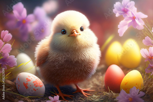 Little chick with easter, Happy easter day, Generative AIAI photo