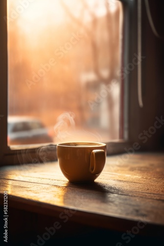 A single cup of coffee or tea sits on a table in front of a window with steam coming from it. It s raining outside. Generative AI.