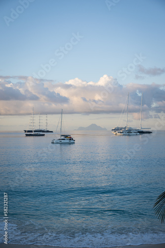 Against the background of Saba island, yachts moored up in Simpson Bay on the Dutch Caribbean island of Sint Maarten