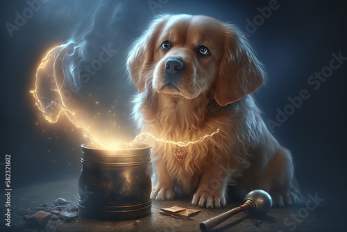 Wizard Dog Doing Magic. Generative AI 