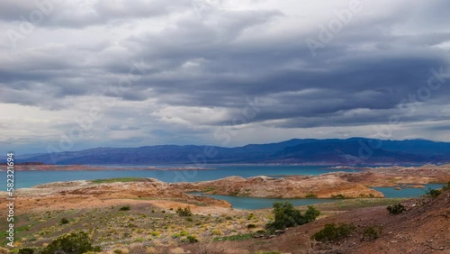 Thunder storm over Lake Mead  area in time lapse. Shot in March 2023.