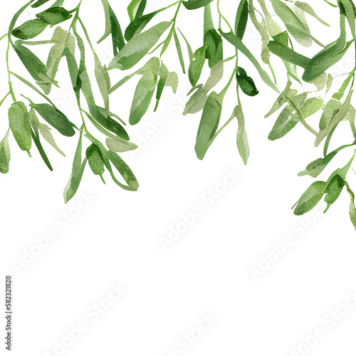 watercolor gently green leaves on a transparent isolated background, place for your text. generative AI