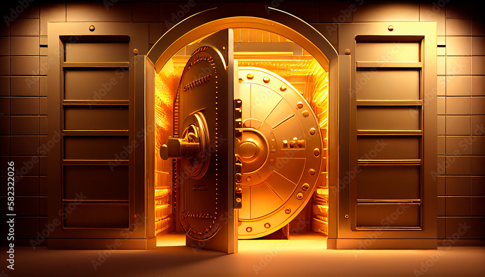 Bank vault with open door. Store Gold bar, inside in Gold vault money ...