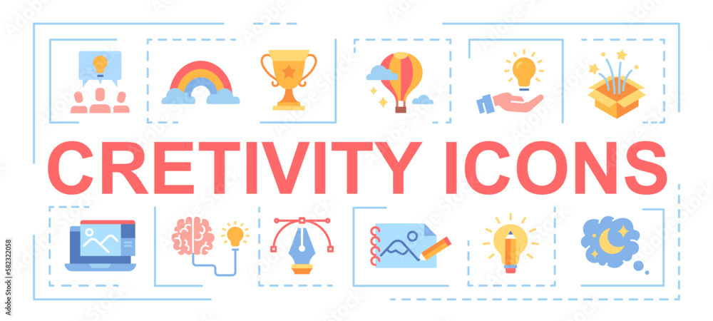 Creativity icons banner. Collection of icons with teamwork on common project. Brainstorming and insight. Mental and cognitive abilities. Cartoon flat vector illustrations isolated on white background Creativity icons banner. Collection of icons with teamwork on common project. Brainstorming and insight. Mental and cognitive abilities. Cartoon flat vector illustrations isolated on white background