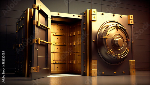 Bank vault with open door. Store Gold bar, inside in Gold vault money. Dollar and euro vault. Inside in bank vault. Generative AI photo