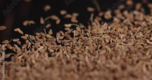 Small, fragrant anise spices on the board, scattered dried anise spices on the table photo