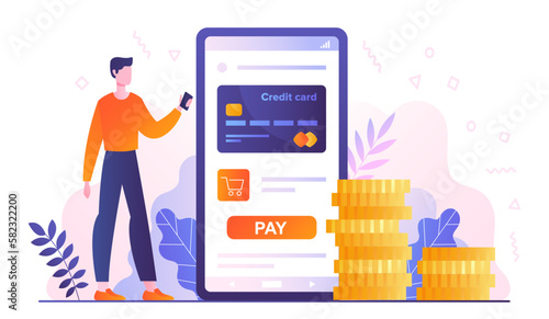 Electronic wallet concept. Man with bank card in hands stands near smartphone screen. Online shopping and ecommerce. Transactions and payments, transfers on Internet. Cartoon flat vector illustration