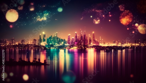 bright abstract drawing of a night city full of lights and bokeh, generative ai