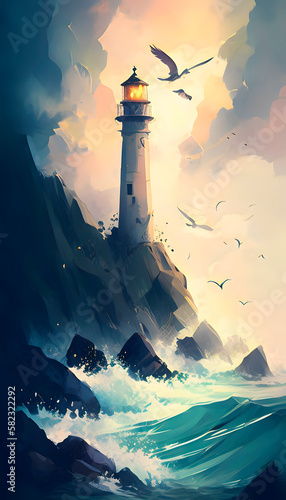 oil painting of a lonely lighthouse on a hill, generative ai