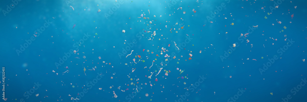 plastic pollution in the ocean, microplastics in the current, background banner format (3d illustration)