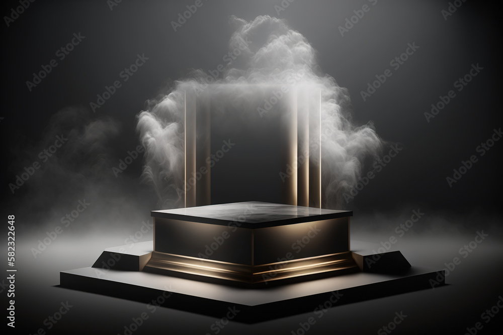 Realistic 3D podium with smoke and dark color for product display. Created with Generative AI Technology	