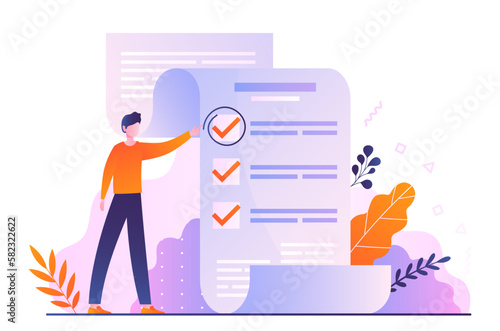 Priority manager concept. Man looks at to do list. Goal setting and motivation, leadership. Prioritization of tasks for efficiency. Work planning and management. Cartoon flat vector illustration