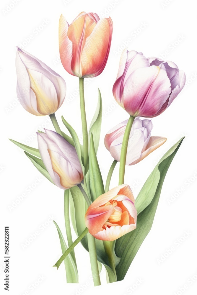 A digital watercolor botanical illustration of tulips on a plain white background. Generative AI A digital watercolor botanical illustration of tulips on a plain white background. Generative AI
