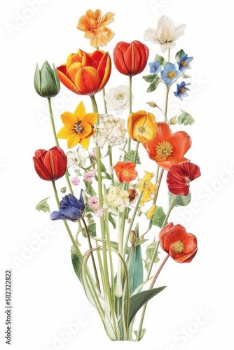 A digital watercolor botanical  illustration of tulips on a plain white background. Generative AI