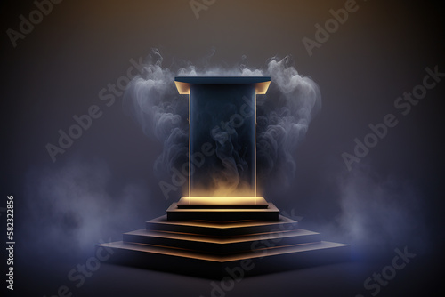 Realistic 3D podium with smoke and dark color for product display. Created with Generative AI Technology 