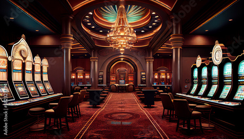 Luxury casino interior with lots of slot machines. Generative AI