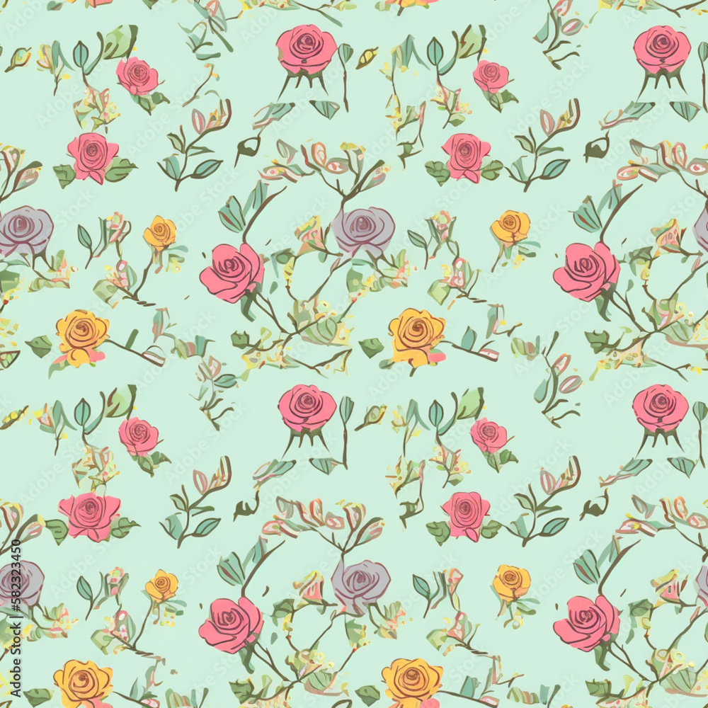 Seamless pattern with colorful roses on green background. Generative ai