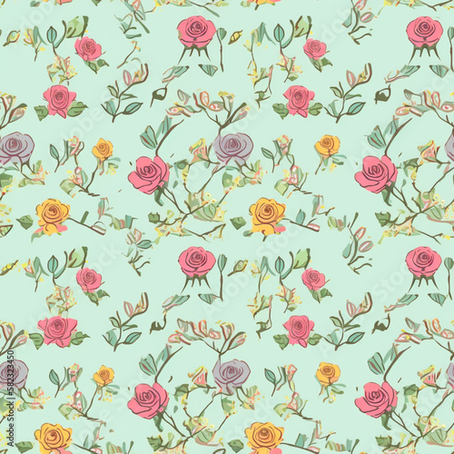 Wallpaper Mural Seamless pattern with colorful roses on green background. Generative ai Torontodigital.ca
