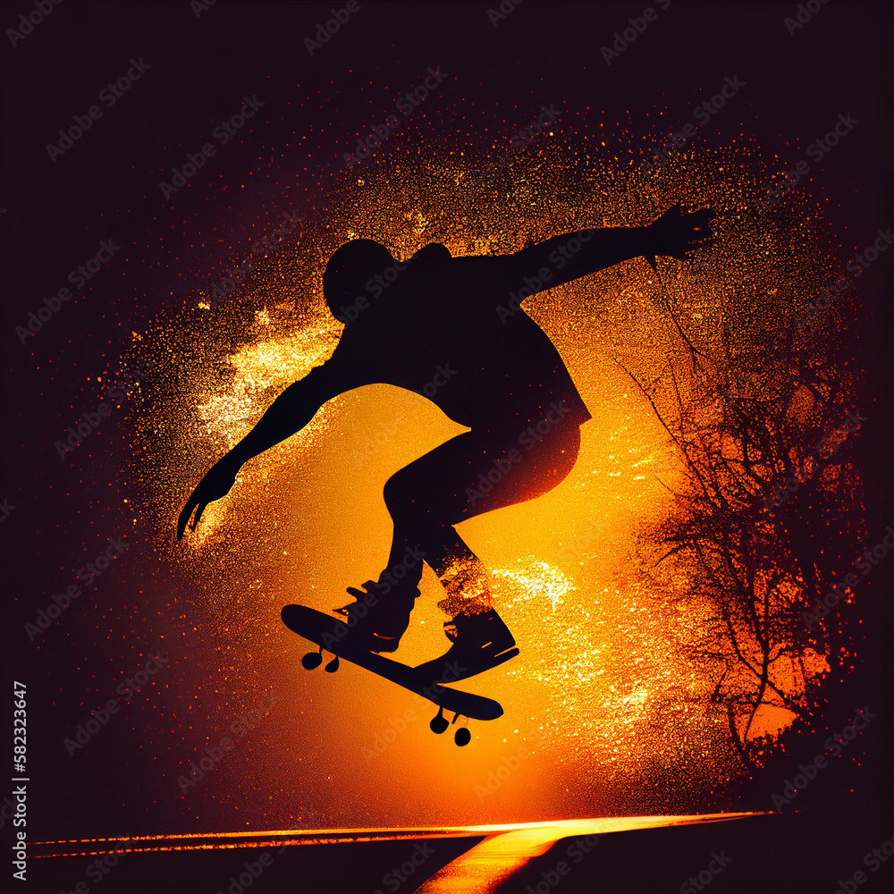 Naklejka premium silhouette of a skateboarder, cinematic illustration, generative ai