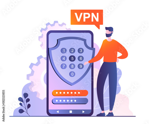 Man with VPN concept. Young guy on smartphone uses service to bypass blocking. Internet security and virtual private network, character trying to hides location. Cartoon flat vector illustration