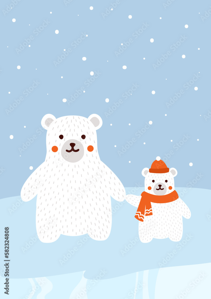 Polar bears banner. Cute animals in red scarf and hat under snowfall. Antarctica and Arctic. Fauna, nature and wild life, predators and mammals. Cartoon flat vector illustration Polar bears banner. Cute animals in red scarf and hat under snowfall. Antarctica and Arctic. Fauna, nature and wild life, predators and mammals. Cartoon flat vector illustration