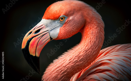 Pink flamingo close up portrait, Generative AI