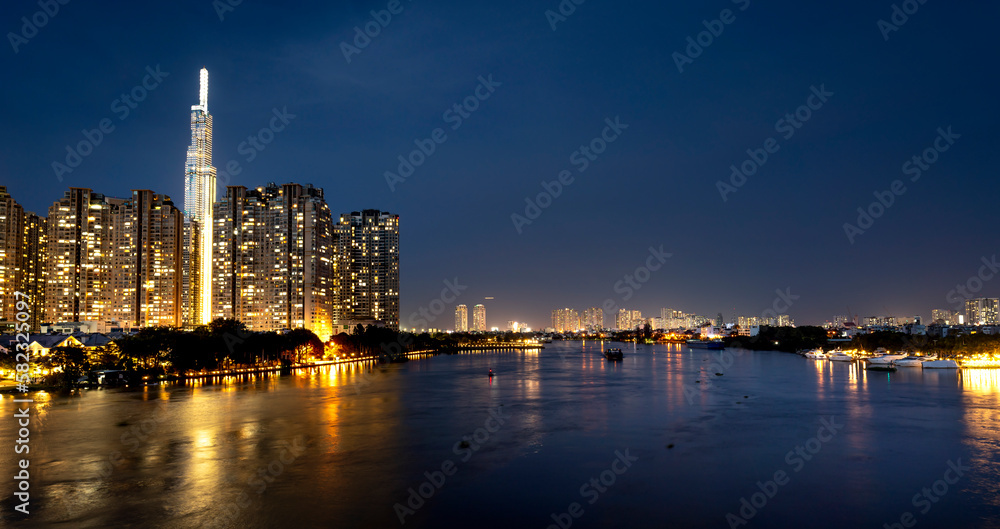 The panoramic of night scene in District 1, Downtown Ho Chi Minh City, Vietnam.