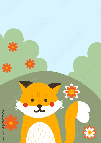 Orange fox in forest banner. Charming animal sits on hill with bushes and flowers. Template, layout and mock up. Flora and fauna, nature and wild life. Cartoon flat vector illustration