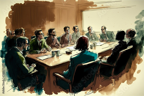 Jury in deliberation room, courtroom sketch. Generative AI photo