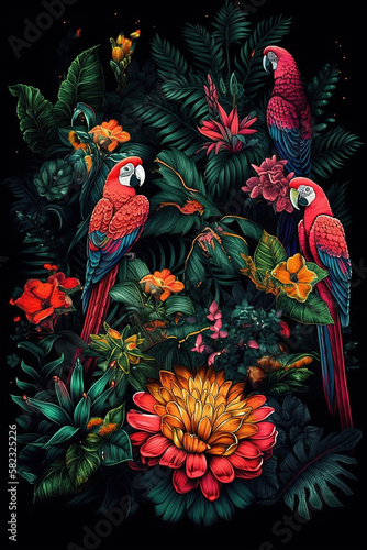 Drawing of a South Amnerican jungle with colorful flowers and macaw birds on a black background.  Generative AI. © Inge