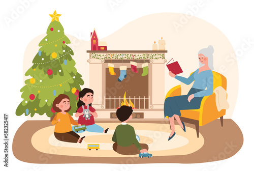 Children listen christmas stories. Grandmother with book tells fairy tales to boys and girls. Imagination and fantasy. Children sit with toy car, bus and rabbit. Cartoon flat vector illustration